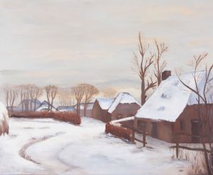 Idyllic winter landscape painting old farms in a village